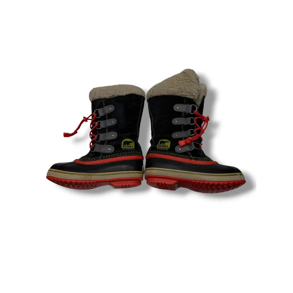 Sorel Tofino‎ Winter Boots Kids Size 1 Black Red Waterproof Faux Fur Snow Boots